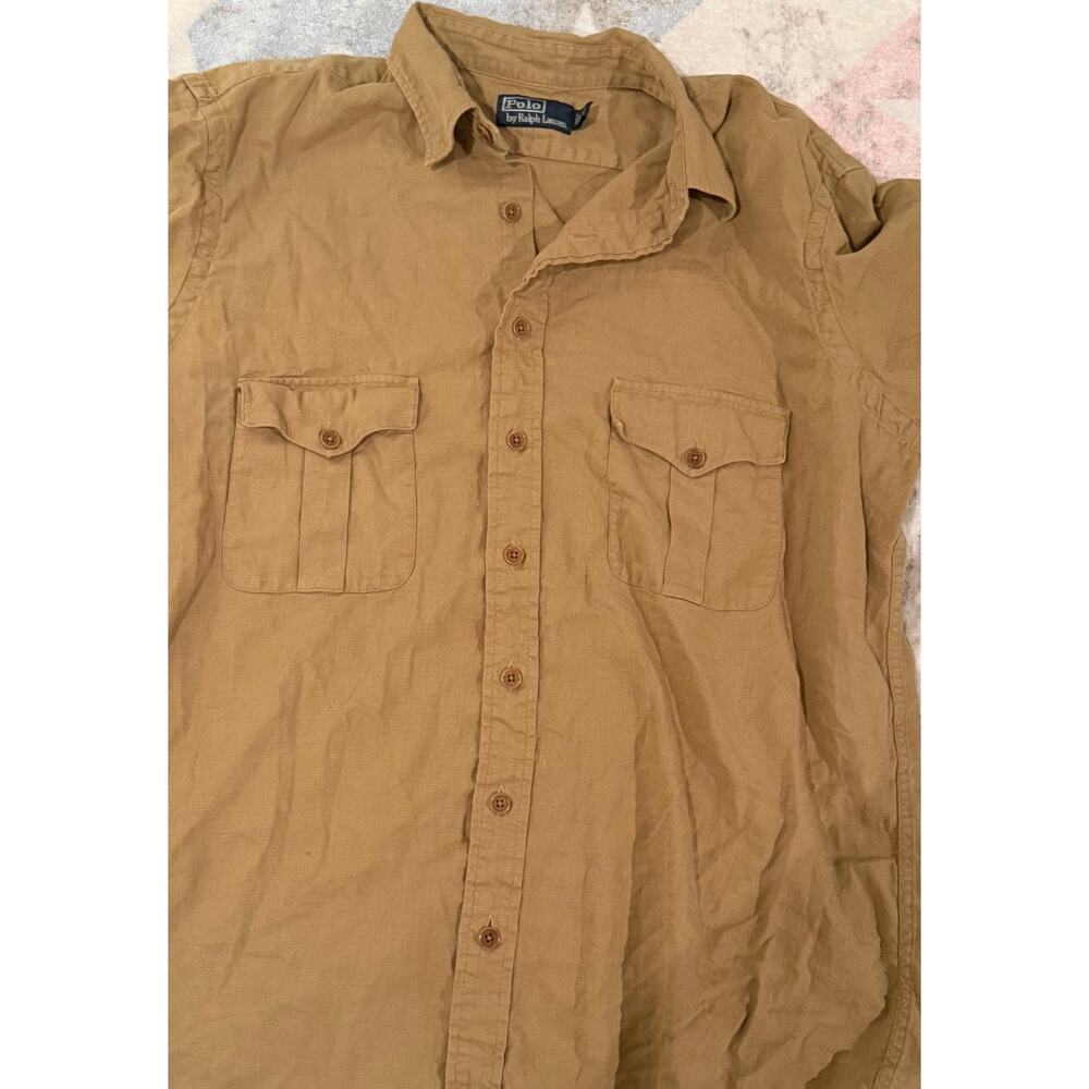 Polo Ralph Lauren Shirt Mens Brown Linen Blend Button Up Safari Size LT